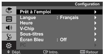 Configuration Prêt à l'emploi Langue : Français Heure V-Chip Sous-titres Écran Bleu : Off PC Dépl. Intro. Retour