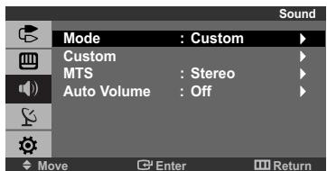 Sound Mode : Custom Custom MTS : Stereo Auto Volume : Off Move Enter Return