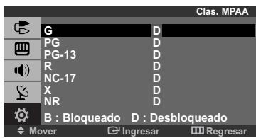 G PG PG-13 R NC-17 X NR B : Bloqueado D : Desbloqueado Mover Ingresar Regresar Clas. MPAA