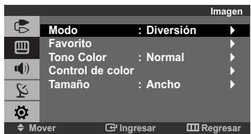 Imagen Modo : Diversión Favorito Tono Color : Normal Control de color Tamaño : Ancho Mover Ingresar Regresar