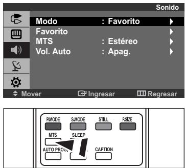 Sono Modo : Favorito Favorito MTS : Estéreo Vol. Auto : Apag. Mover Ingresar Regresar PMODE SMODE STILL P.SIZE MTS SLEEP AUTO PRO... CAPTION