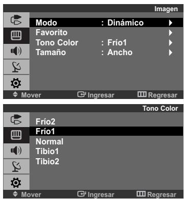 Imagen Modo : Dinámico Favorito Tono Color : Frío1 Tamaño : Ancho Mover Ingresar Regresar Tono Color Frío2 Frío1 Normal Tibio1 Tibio2 Mover Ingresar Regresar