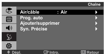Air/câble : Air Prog. auto Ajouter/supprimer Syn. Précise Dépl. Intro. Retour