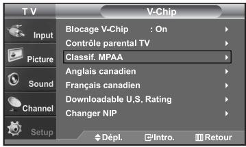 SAMSUNG LN-S2652D - Comment configurer les restrictions à l'aide des évaluations MPAA : G, PG, PG-13, R, NC-17, X, NR - 3