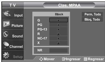 SAMSUNG LN-S2652D - Configuración de las restricciones mediante las clasificaciones MPAA: G, PG, PG-13, R, NC-17, X, NR - 5