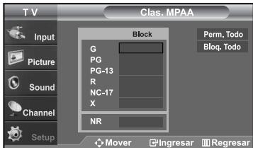 SAMSUNG LN-S2652D - Configuración de las restricciones mediante las clasificaciones MPAA: G, PG, PG-13, R, NC-17, X, NR - 4