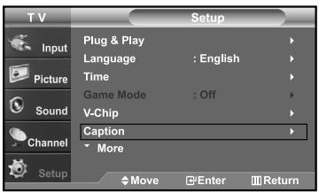 T V Setup Plug & Play Language : English Time Game Mode : Off V-Chip Caption More Move Enter Return