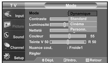 T V Mode Input Picture Sound Channel Setup Mode: Contraste Standard Luminosité Cinéma Netteté Personn. Couleur 55 Teinte V 50 R 50 Nuance coul. : Froide1 Régler Dépl. Intro. Retour