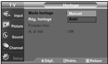 T V Input Picture Sound Channel Setup Horloge Mode horloge : Manuel Rég. horloge Auto Fuseau hor. H. d' été : Off Dépl. Intro. Retour