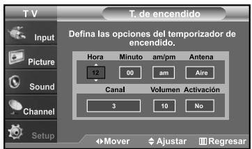 T V Input Picture Sound Channel Setup T. de encendido Defina las opciones del temporizador de encendido. Hora Minuto am/pm Antena 12 00 am Aire Canal Volumen Activación 3 10 No Mover Àjustar Àregresar