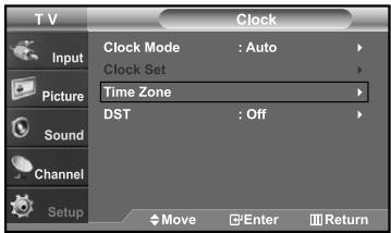TV Clock Input Clock Mode : Auto Clock Set Picture Time Zone Sound Channel DSP DST : Off Setup Move Enter Return