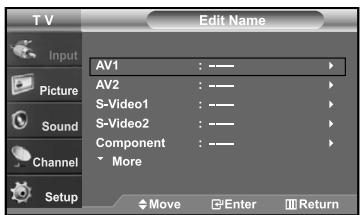 T V Edit Name Input Picture Sound Channel Setup AV1 : ——— AV2 : ——— S-Video1 : ——— S-Video2 : ——— Component : ——— More Move Enter Return