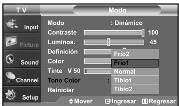 T V Input Picture Sound Channel Setup Modo : Dinámico Contraste 100 Luminos 45 Definición Frío2 Color Frío1 Tinte V 50 Normal Tono Color : Tibio1 Reiniciar Tibio2 Mover Ingresar Regresar