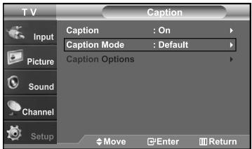 T V Caption Input Picture Sound Channel Setup Caption Caption Mode : On Default Caption Options Move Enter Return
