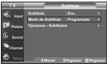 T V Subtítulo Input Subtítulo : Enc. Picture Modo de Subtítulo : Programado Sound Opciones - Subtítulos Channel Setup Mover Ingresar Regresar