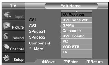T V Edit Name Input Picture Sound Channel Setup AV1 AV2 S-Video1 S-Video2 Component More AV Receiver DVD Receiver GAME Camcoder DVD Combo PC VOD STB TV Move Enter Return