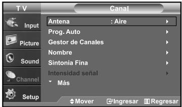 T V Canal Input Picture Sound Channel Setup Antena : Aire Prog. Auto Gestor de Canales Nombre Sintonia Fina Intensidad señal Más Mover Ingresar Regresar