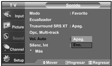 TV Input Picture Sound Channel Setup Sono Modo : Favorito Ecuualizador Trusurround SRS XT : Apag. Opc. Multi-track Vol. Auto : Apag. Silenc. Int : Enc. Más $ Mover □ Ingresar □ Regresar