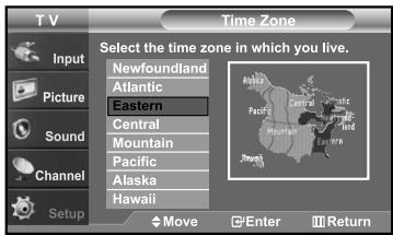 Time Zone Select the time zone in which you live. Newfoundland Atlantic Eastern Central Mountain Pacific Alaska Hawaii $Move Enter Return