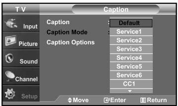 T V Caption Input Picture Sound Channel Setup Caption Mode Default Caption Options Service1 Service2 Service3 Service4 Service5 Service6 CC1 Move Enter Return