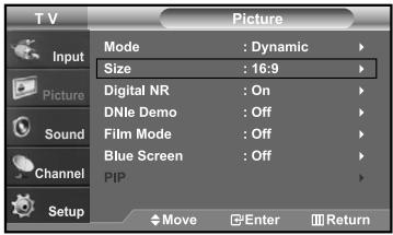 TV Picture Input Mode : Dynamic Size : 16:9 Digital NR : On DNle Demo : Off Film Mode : Off Blue Screen : Off PIP Sound Channel Setup Move Enter Return