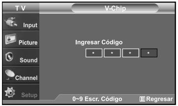 T V Input Picture Sound Channel Setup V-Chip Ingresar Código 0~9 Escr. Código Regresar