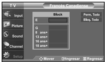 T V Francés Canadiense Input Picture Sound Channel Setup Block E G 8 ans+ 13 ans+ 16 ans+ 18 ans+ Perm. Todo Bloq. Todo Mover Ingresar Regresar