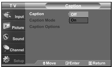 T V Caption Input Picture Sound Channel Setup Caption Caption Mode : Off Caption Options Move Enter Return