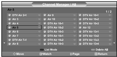 Channel Manager / All Air 5 1 / 2 DTV Air 2-1 Air 9 DTV Air 10-1 Air 3 Air 10 DTV Air 10-2 Air 4 DTV Air 10-3 Air 5 Air 12 DTV Air 10-3 DTV Air 13-1 Air 7 DTV Air 10-1 DTV Air 13-2 DTV Air 13-3 Air 8 DTV Air 10-2 DTV Air 13-4 List Mode Delete All Move Watch Page Return