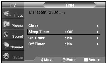 T V Time Input 1/ 1/ 2005/ 12 : 30 am Picture Clock Sleep Timer : Off Sound On Timer : No Channel Off Timer : No Setup Move Enter Return