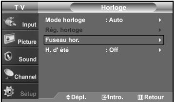 T V Input Picture Sound Channel Setup Mode horloge : Auto Rég. horloge Fuseau hor. H. d' été : Off Dépl. Intro. Retour