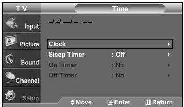 TV Input Picture Sound Channel Setup Time Clock Sleep Timer : Off On Timer : No Off Timer : No Move Enter Return
