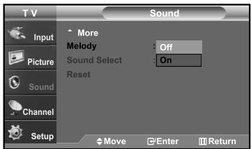 TV Sound Input More Melody : Off Sound Select : On Reset Picture Sound Channel Setup Move Enter Return