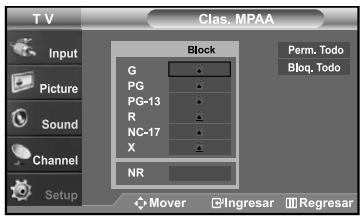 T V Input Picture Sound Channel Setup Class. MPAA Block G PG PG-13 R NC-17 X NR Perm. Todo Bloq. Todo Mover Ingresar Regresar