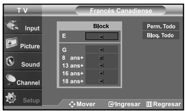 T V Input Picture Sound Channel Setup Francés Canadiense Block E G 8 ans+ 13 ans+ 16 ans+ 18 ans+ Perm. Todo Bloq. Todo Mover Ingresar Regresar