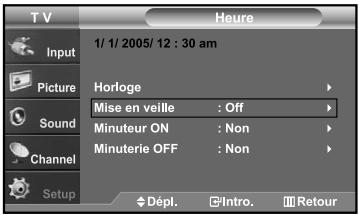 TV Input Picture Sound Channel Setup Heure 1/ 1/ 2005/ 12 : 30 am Horloge Mise en veille : Off Minuteur ON : Non Minuterie OFF : Non Dépl. Intro. Retour