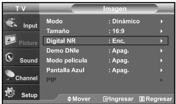 TV Input Picture Sound Channel Setup Imagen Modo : Dinámico Tamaño : 16:9 Digital NR : Enc. Demo DNle : Apag. Modo película : Apag. Pantalla Azul : Apag. PIP Mover Ingresar Regresar