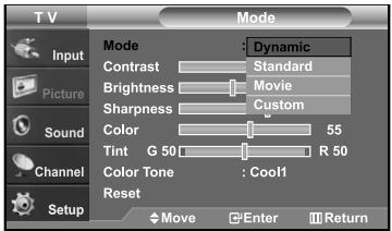 TV Mode Input Picture Sound Channel Setup Mode Dynamic Contrast Standard Brightness Movie Sharpness Custom Color 55 Tint G 50 R 50 Color Tone : Cool1 Reset Move Enter Return