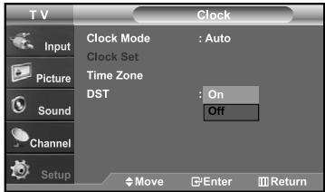T V Clock Input Picture Sound Channel Setup Clock Mode : Auto Clock Set Time Zone DST : On Off Move Enter Return