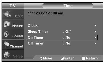 T V Time Input 1/ 1/ 2005/ 12 : 30 am Picture Clock Sleep Timer : Off Sound On Timer : No Channel Off Timer : No Setup Move Enter Return