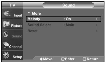 TV Sound Input More Melody : On Sound Select : Main Reset Picture Sound Channel Setup Move Enter Return