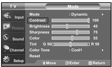 TV Mode Input Picture Sound Channel Setup Mode : Dynamic Contrast 100 Brightness 45 Sharpness 75 Color 55 Tint G 50 R 50 Color Tone : Cool1 Reset Move Enter Return