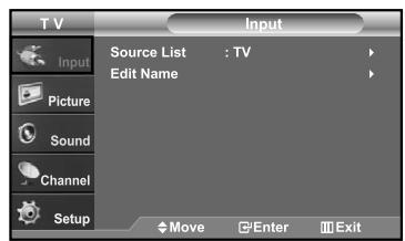 TV Input Source List : TV Edit Name Picture Sound Channel Setup Move Enter Exit