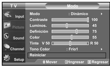 T V Input Picture Sound Channel Setup Modo : Dinámico Contraste 100 Luminos. 45 Definición 75 Color 55 Tinte V 50 R 50 Tono Color : Frio1 Reiniciar Mover Ingresar Regresar