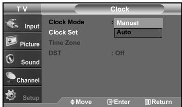 T V Clock Input Picture Sound Channel Setup Clock Mode : Manual Clock Set : Auto Time Zone DST : Off Move Enter Return