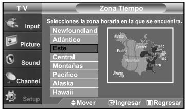 T V Input Picture Sound Channel Setup Zona Tiempo Selecciones la zona horaria en la que se encuentra. Newfoundland Atlántico Este Central Montañas Pacifico Alaska Hawaii Mover Ingresar Regresar