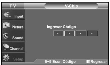 T V V-Chip Input Picture Sound Channel Setup Ingresar Código 0~9 Escr. Código Regresar