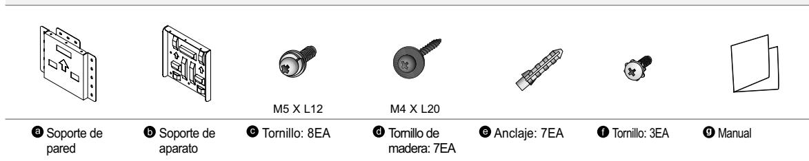 a Soporte de pared b Soporte de aparato c Tornillo: 8EA d Tomillo de madera: 7EA e Anclaje: 7EA f Tornillo: 3EA g Manual