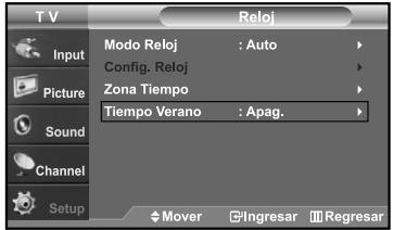 T V Input Picture Sound Channel Setup Reloj Modo Reloj : Auto Config. Reloj Zona Tiempo Tiempo Verano : Apag. Mover Ingresar Regresar