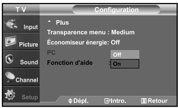 T V Configuration Input Picture Sound Channel Setup Plus Transparence menu : Medium Économiseur énergie: Off PC Off Fonction d'aide : On Dépl. Intro. Retour